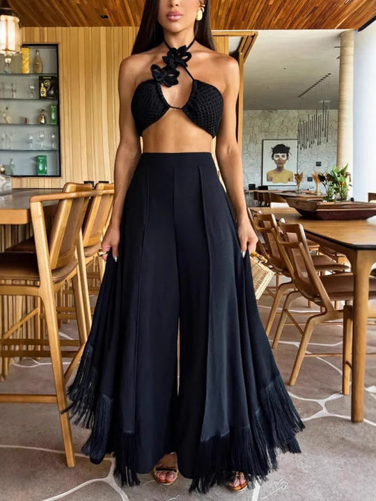 Damen Halterneck Häkeloberteil und weite Hosen Set Heidi-Mode