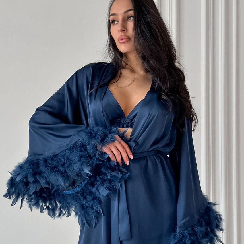 Damen Satin Kimono mit Federn Heidi-Mode