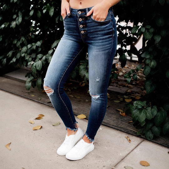 Damen Skinny Jeans mit Button-Fly und modischen Destroyed-Details Heidi-Mode