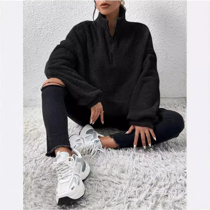 Damen Kuscheliger Fleece-Pullover mit Stehkragen und Eingrifftaschen Heidi-Mode