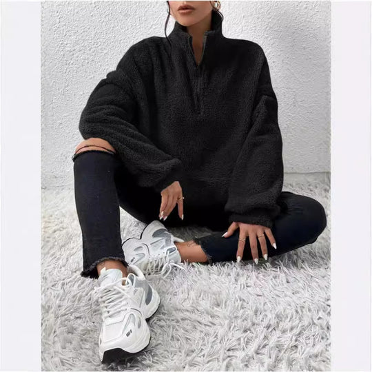 Damen Kuscheliger Fleece-Pullover mit Stehkragen und Eingrifftaschen Heidi-Mode