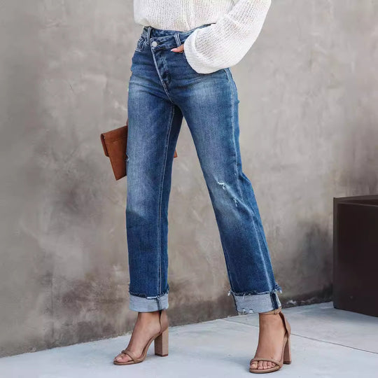 Damen lässige Flared Jeans mit modischen Fransen und hohem Bund Heidi-Mode
