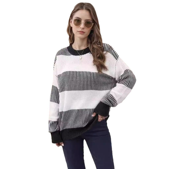 Damen gestreifter Strickpullover mit weitem Schnitt Heidi-Mode