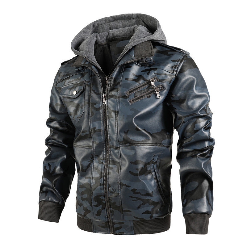 Herren Kunstlederjacke mit abnehmbarer Kapuze und multifunktionalen Taschen Heidi-Mode