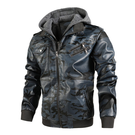 Herren Kunstlederjacke mit abnehmbarer Kapuze und multifunktionalen Taschen Heidi-Mode