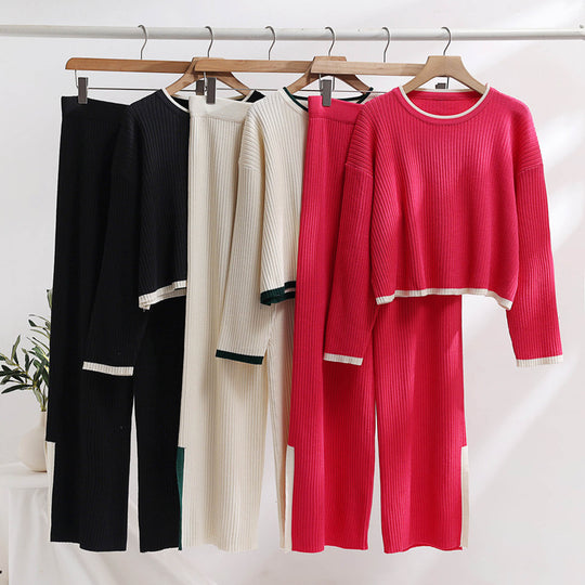 Damen lässiges Strickensemble mit hohem Bund und kontrastierenden Bündchen Heidi-Mode