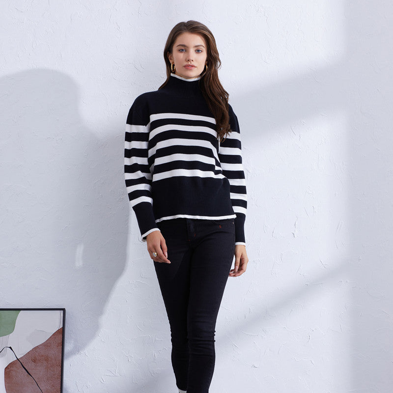 Damen hochwertiger gestreifter Pullover mit Stehkragen Heidi-Mode
