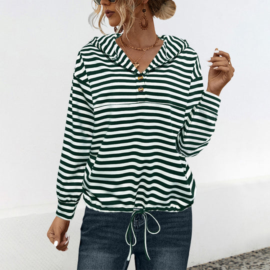 Damen lässiger Kapuzenpullover mit Streifenmuster und verstellbarem Tunnelzug Heidi-Mode