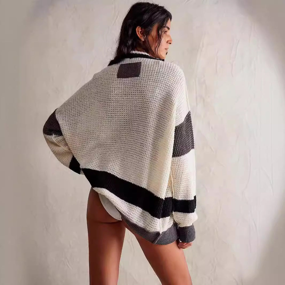 Damen lässiger Strickcardigan mit großen Taschen und stilvollen Kontraststreifen Heidi-Mode