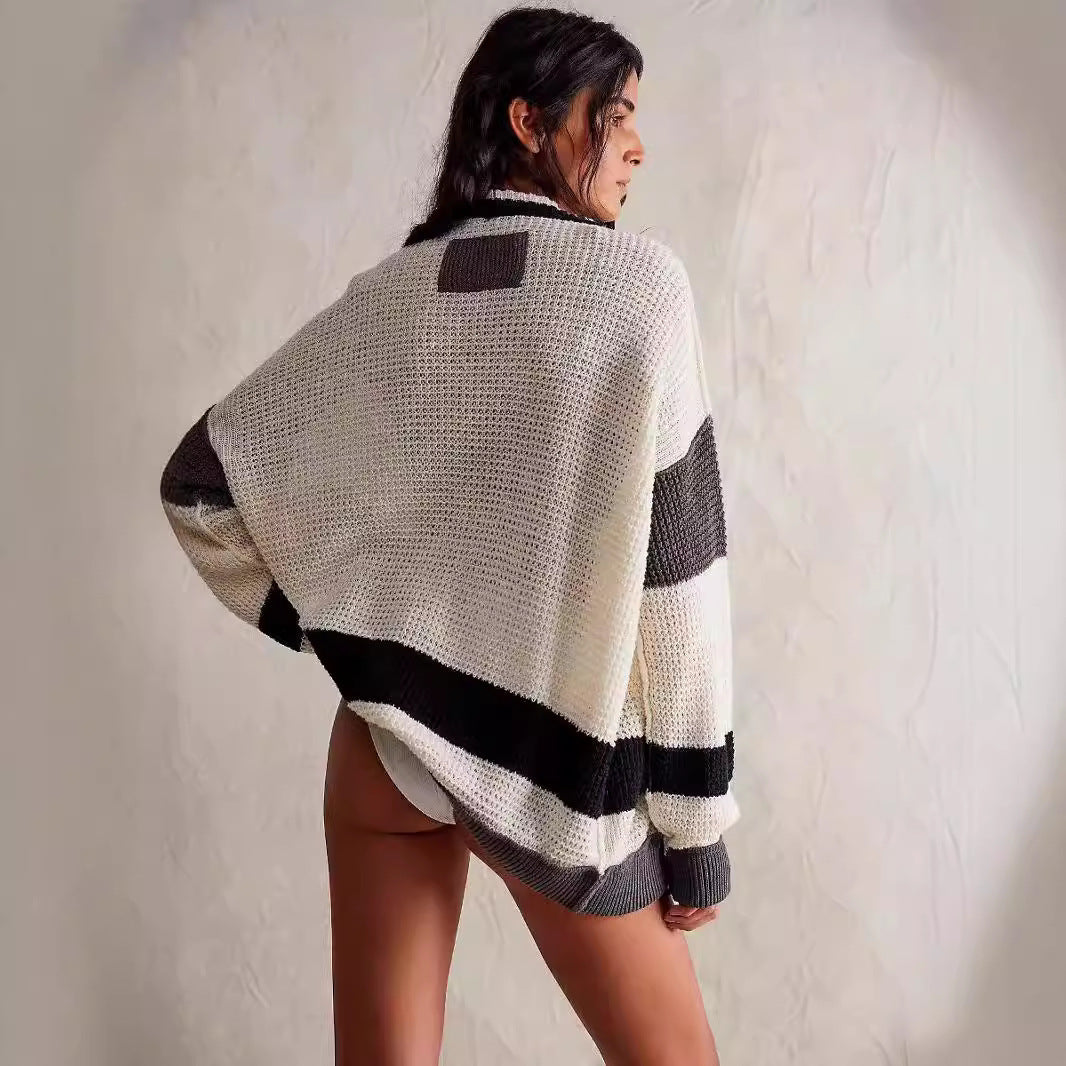 Damen lässiger Strickcardigan mit großen Taschen und stilvollen Kontraststreifen Heidi-Mode