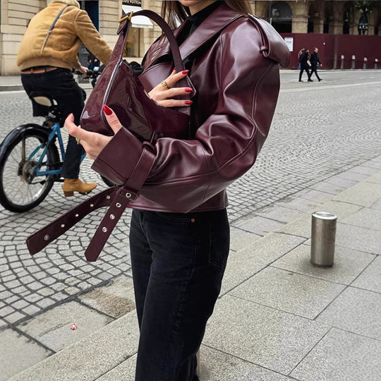 Damen Kunstlederjacke im Oversized-Design mit Riemen und neuen Details Heidi-Mode