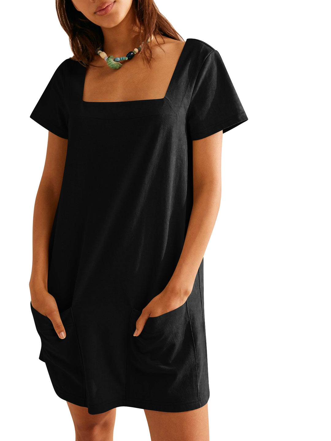 Damen lockeres Sommerkleid mit quadratischem Ausschnitt und praktischen Taschen Heidi-Mode