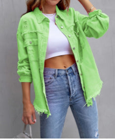 Damen Stylische Overshirt-Jacke mit fransigem Saum Heidi-Mode