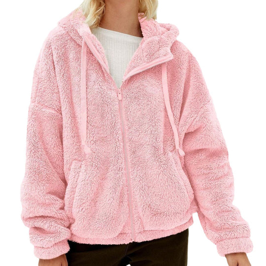 Damen Flauschige Fleecejacke mit Kapuze und Eingrifftaschen Heidi-Mode