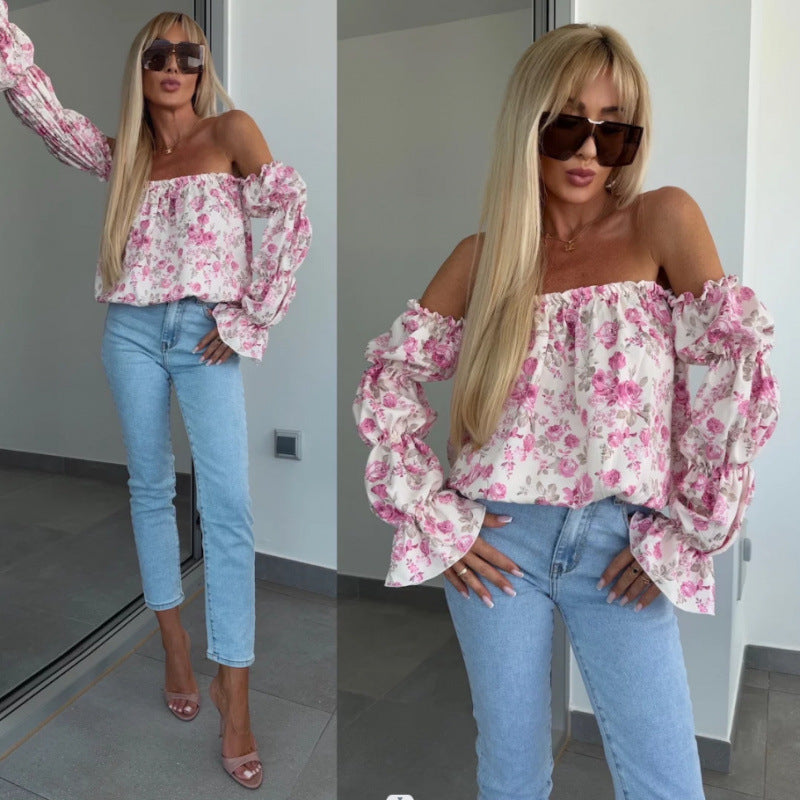 Damen Off-Shoulder Bluse mit Blumenmuster und Rüschensleeves Heidi-Mode