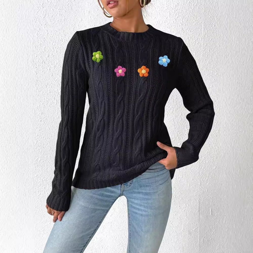 Damen Strickpullover mit floralen Akzenten und raffiniertem Zopfmuster Heidi-Mode