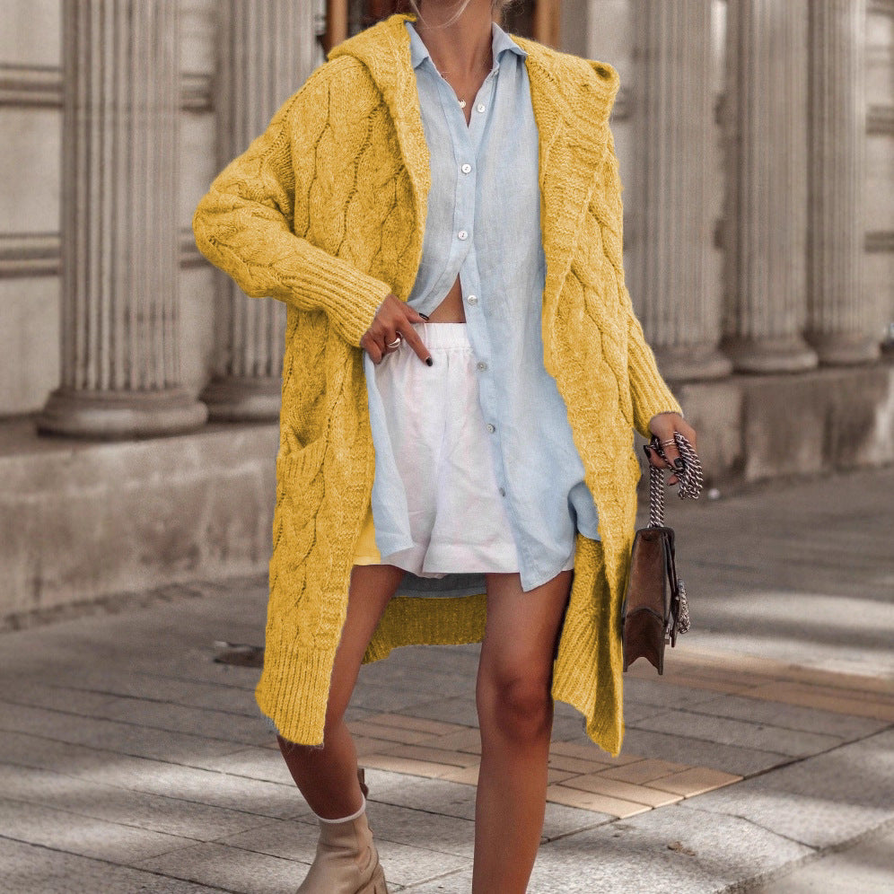 Damen Grobstrick-Cardigan mit offenem Schnitt und Kapuze Heidi-Mode