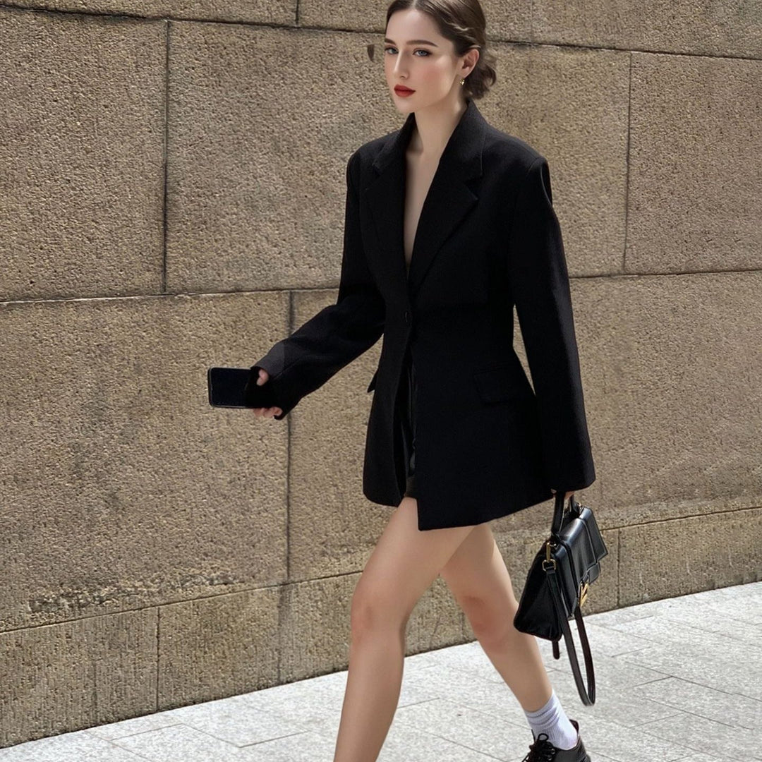 Heidi-Mode | Blazer Slim Fit Taillengürtel V-Ausschnitt Langarm Mittellang Maßgeschneidert