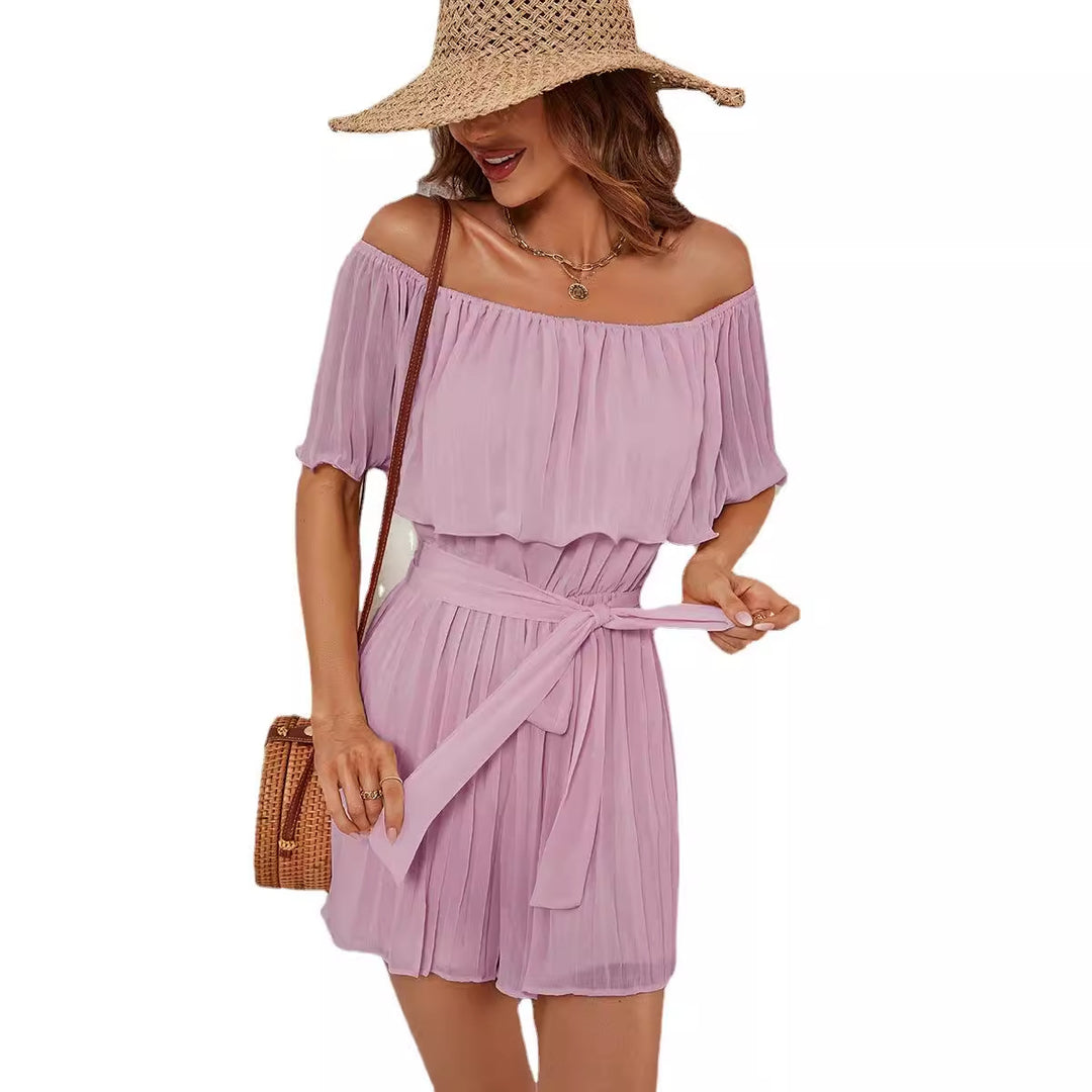 Damen Off-Shoulder Playsuit mit fließenden Falten und tailliertem Gürtel Heidi-Mode