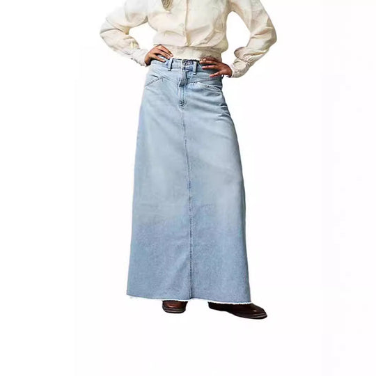 Damen Langer Denim-Rock mit hohem Bund und praktischen Taschen Heidi-Mode