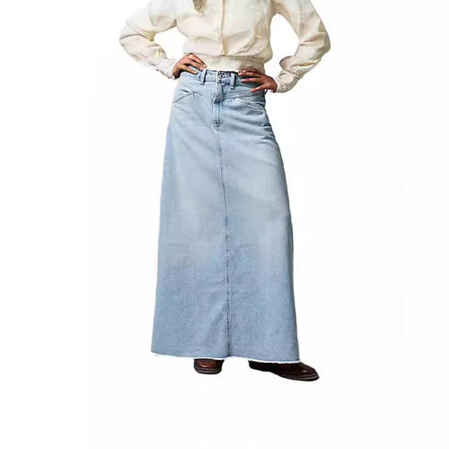 Damen Langer Denim-Rock mit hohem Bund und praktischen Taschen Heidi-Mode