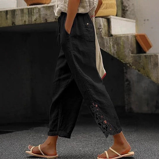 Damen luftige Leinenhose mit dekorativen Stickereien Heidi-Mode