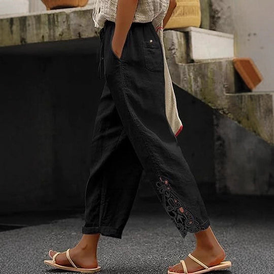 Damen luftige Leinenhose mit dekorativen Stickereien Heidi-Mode