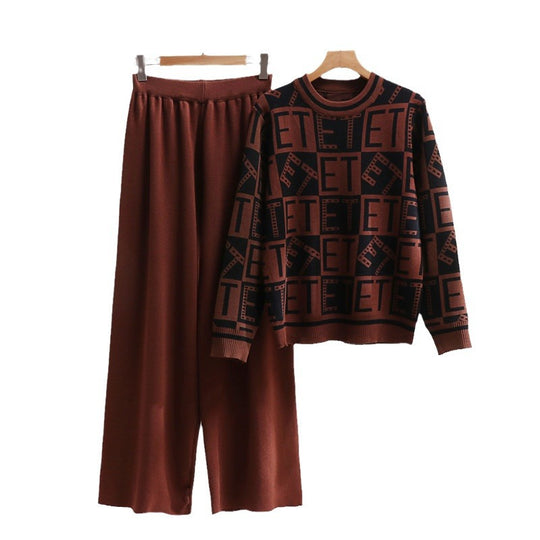 Damen lässiges Strick-Loungewear-Set mit grafischem Muster und weitem Schnitt Heidi-Mode