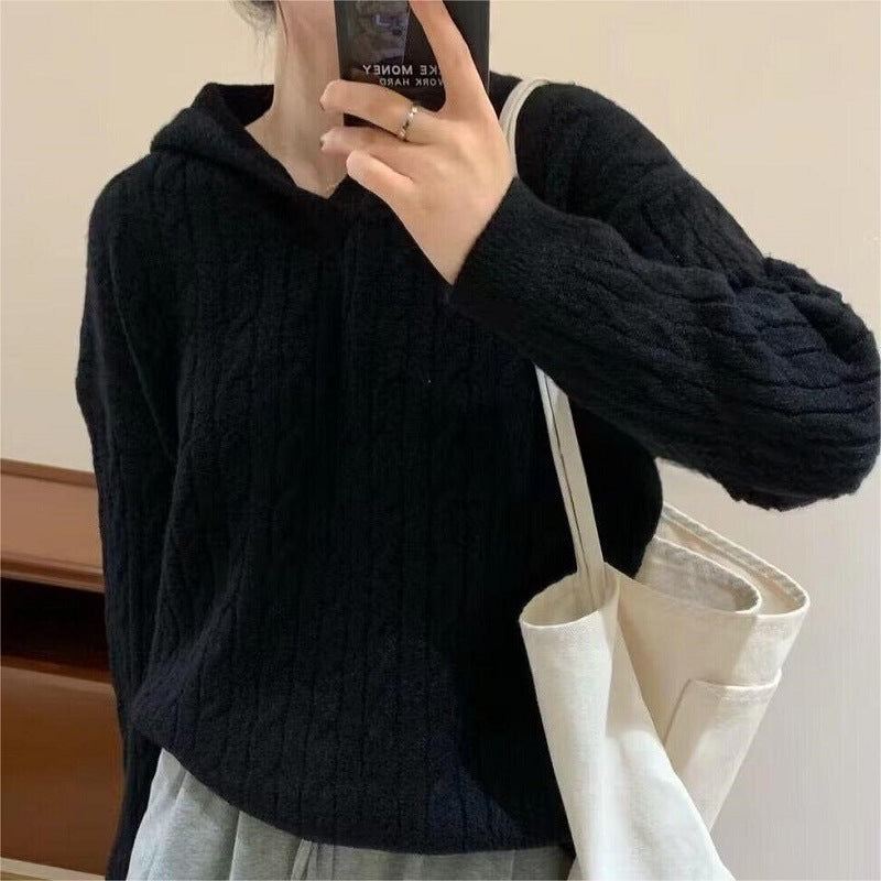 Damen Kuscheliger Strickpullover mit Kapuze und Kabelmuster Heidi-Mode