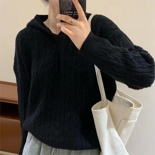 Damen Kuscheliger Strickpullover mit Kapuze und Kabelmuster Heidi-Mode