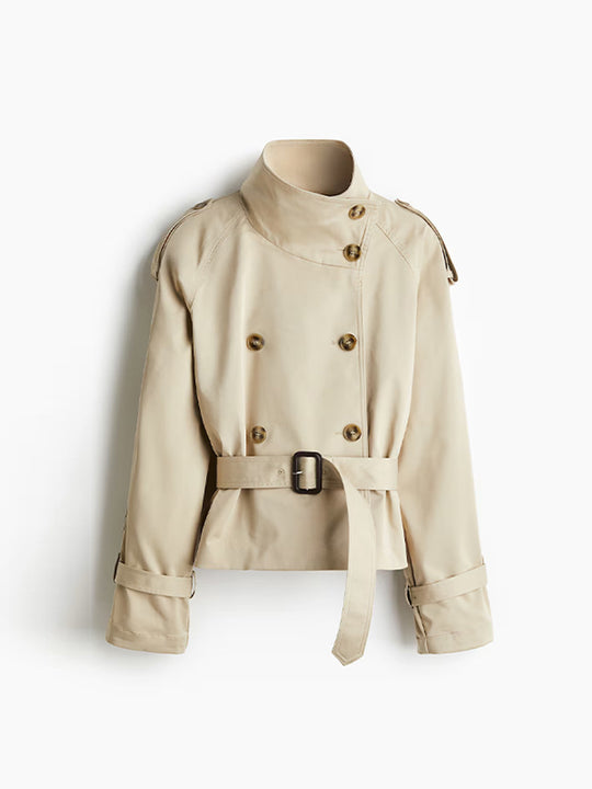 Damen trendige Kurzjacke im modernen Trenchcoat-Stil mit breitem Kragen und Taillengürtel Heidi-Mode