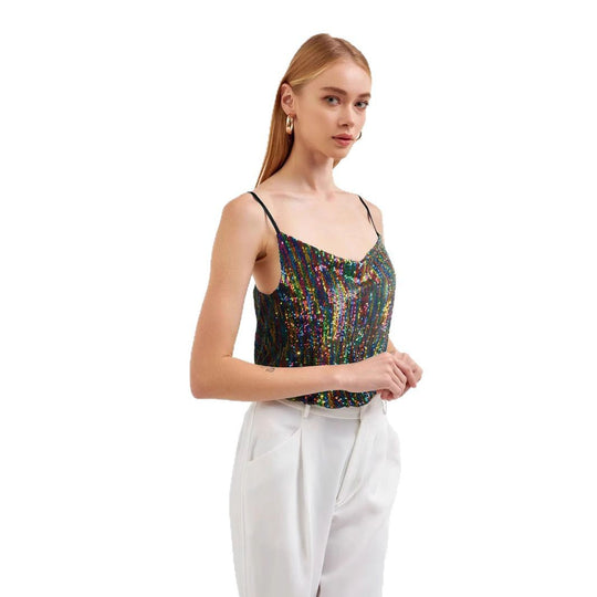 Damen Glitzerndes Spaghettiträgershirt mit V-Ausschnitt Heidi-Mode