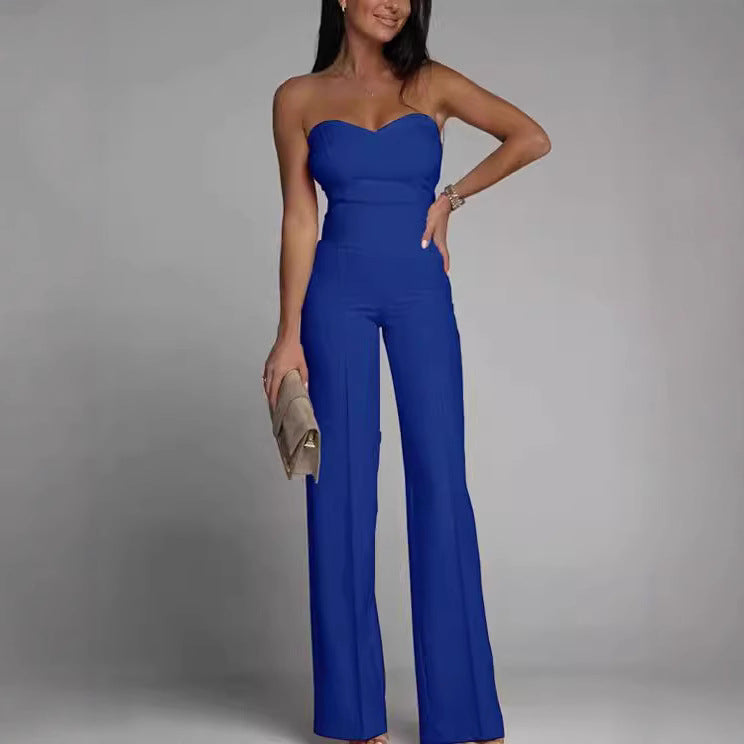 Damen schulterfreier Jumpsuit mit elegantem Herz-Ausschnitt und weitem Bein Heidi-Mode