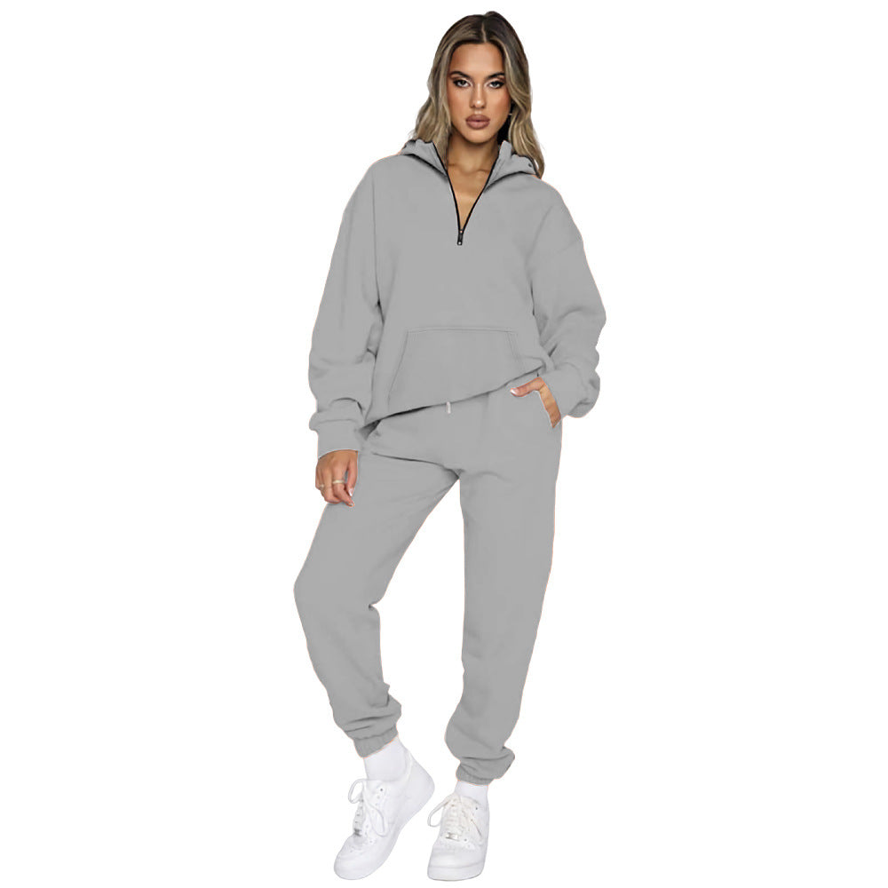 Damen gemütlicher Two-Piece Sweatsuit mit halbem Reißverschluss und praktischen Taschen Heidi-Mode