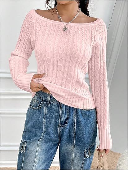 Damen Grobstrick Pullover mit offener Schulterpartie und Zopfmuster Heidi-Mode