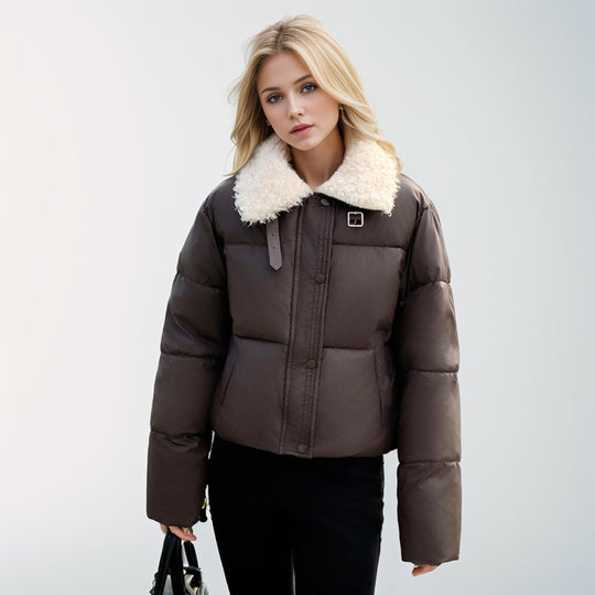 Damen kurze, gefütterte Winterjacke mit elegantem Kunstfellkragen Heidi-Mode