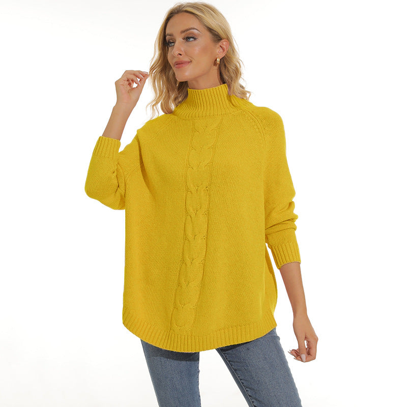 Damen gemütlicher Strickpullover mit hochgeschlossenem Kragen und modischem Zopfmuster Heidi-Mode