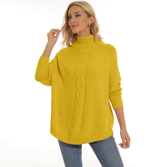 Damen gemütlicher Strickpullover mit hochgeschlossenem Kragen und modischem Zopfmuster Heidi-Mode