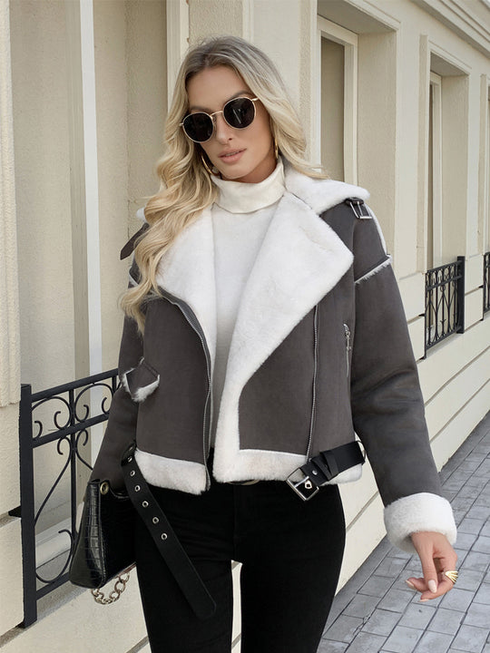 Damen modische jacke mit Kunstfellkragen und Gürtel Heidi-Mode