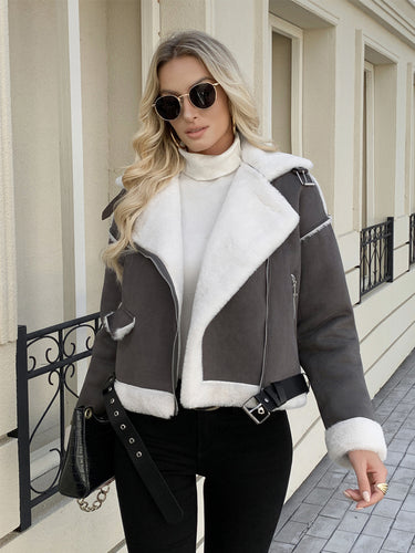 Damen modische jacke mit Kunstfellkragen und Gürtel Heidi-Mode