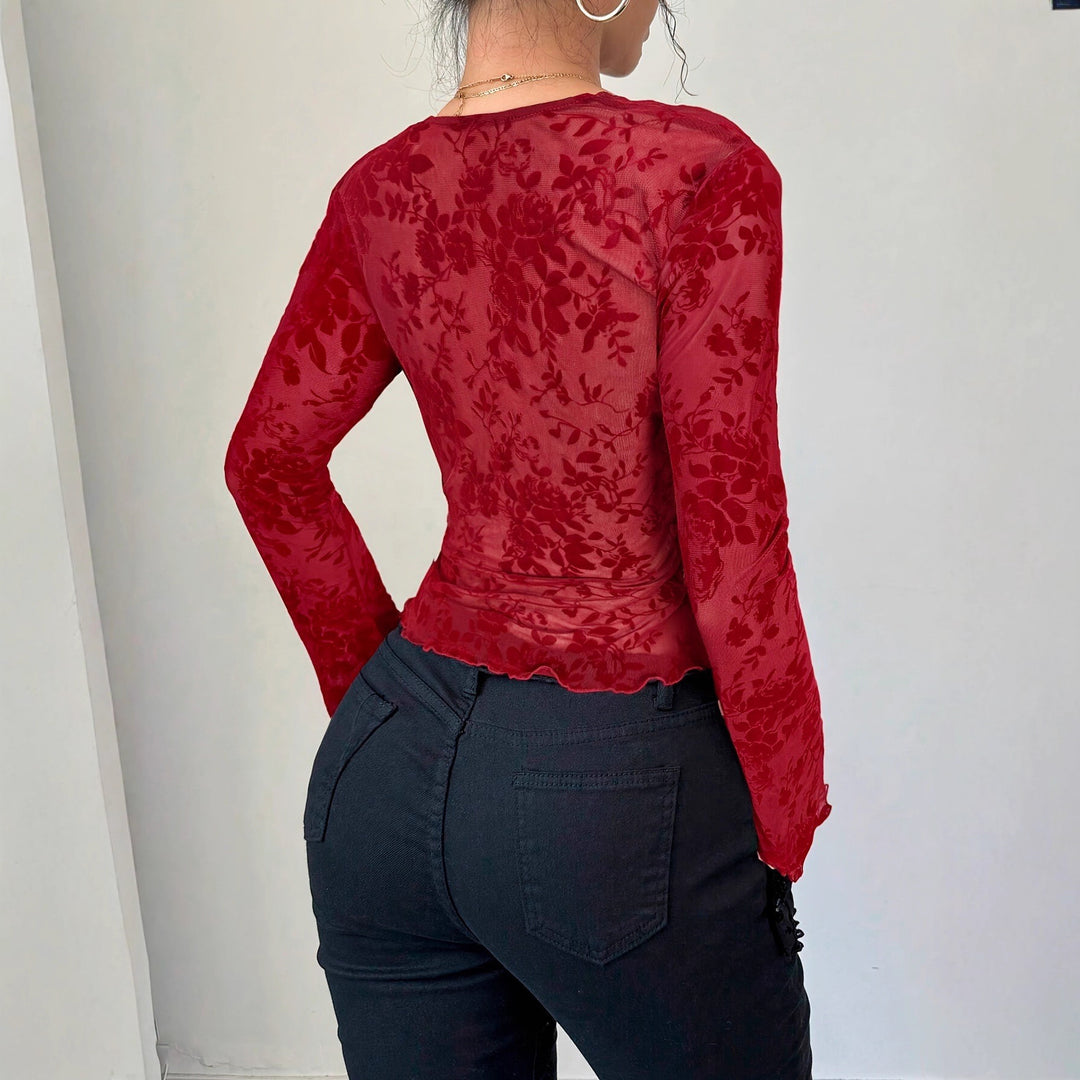 Damen Elegantes Spitzenoberteil mit tiefem V-Ausschnitt und Rüschendetails Heidi-Mode