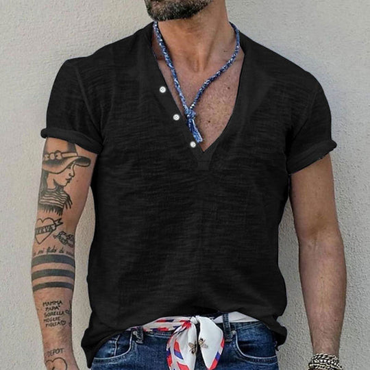 Herren Kurzarm Henley-Shirt mit dekorativen Knöpfen und atmungsaktiver Struktur Heidi-Mode
