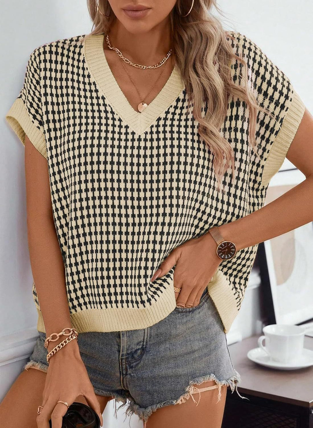 Damen lässiger V-Ausschnitt Pullover mit geometrischem Muster Heidi-Mode