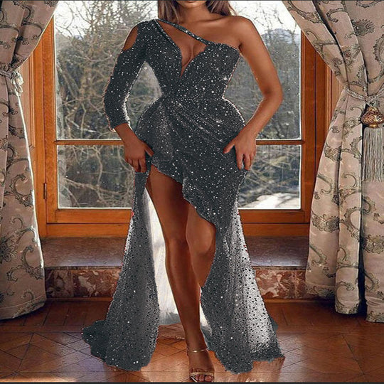 Damen Festliches Cocktailkleid mit glitzerndem Oberteil und asymmetrischem Design Heidi-Mode