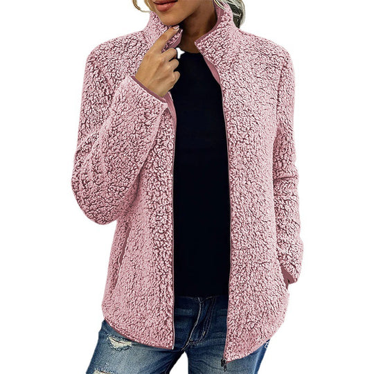 Damen Flauschige Fleecejacke mit hohen Kragen und seitlichen Taschen Heidi-Mode