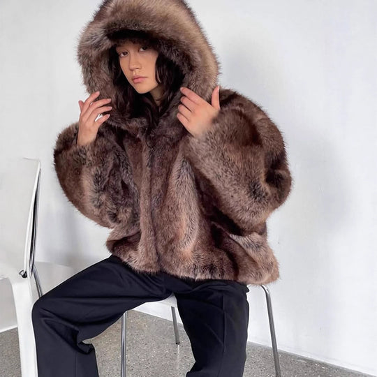 Damen Kuschelige Kunstpelzjacke mit Kapuze Heidi-Mode