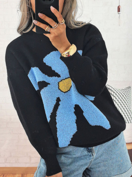 Damen Pullover mit auffälligem Blütenmotiv und lockerer Passform Heidi-Mode
