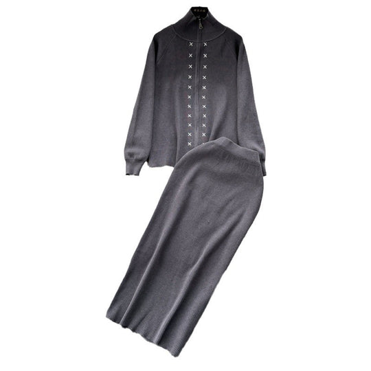 Damen eleganter Strickanzug mit Reißverschluss Heidi-Mode