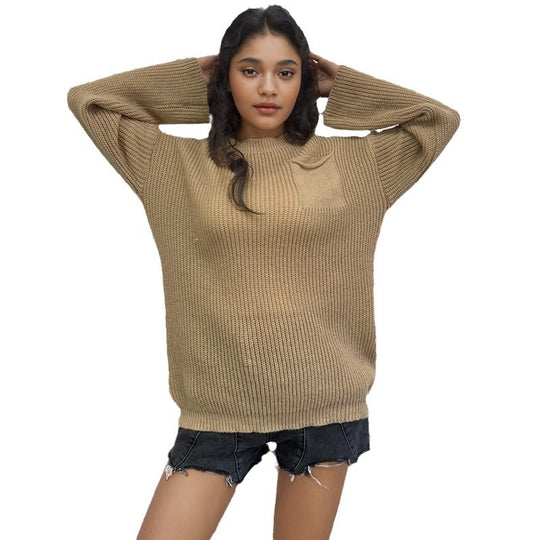 Damen Grob gestrickter Pullover mit lässigem Schnitt und praktischer Tasche Heidi-Mode