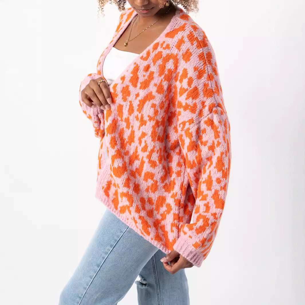 Damen grob gestrickter Cardigan mit stilvollem Leopardenmuster und bequemen Oversize-Details Heidi-Mode